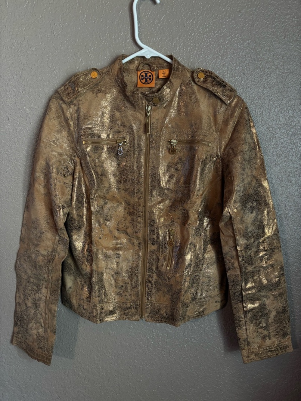 Tory Burch Metallic Bronze-Hued Leather Jacket